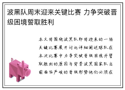 波黑队周末迎来关键比赛 力争突破晋级困境誓取胜利