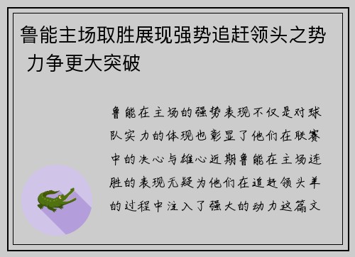鲁能主场取胜展现强势追赶领头之势 力争更大突破