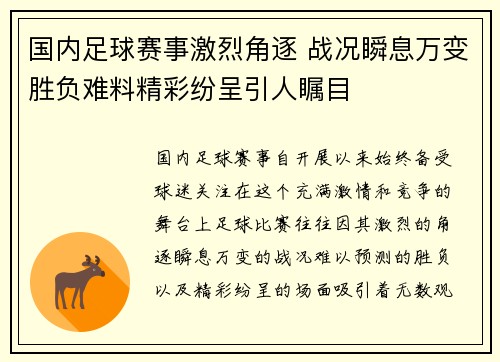 国内足球赛事激烈角逐 战况瞬息万变胜负难料精彩纷呈引人瞩目