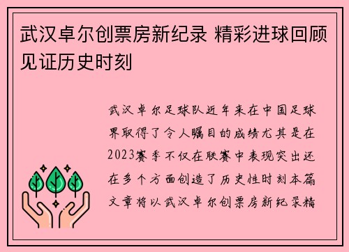 武汉卓尔创票房新纪录 精彩进球回顾见证历史时刻