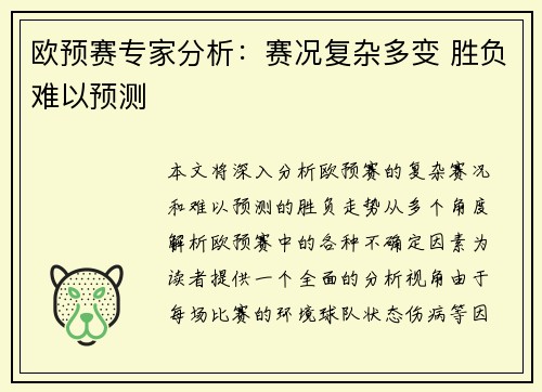 欧预赛专家分析：赛况复杂多变 胜负难以预测