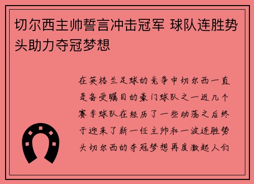切尔西主帅誓言冲击冠军 球队连胜势头助力夺冠梦想
