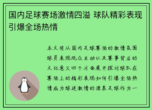 国内足球赛场激情四溢 球队精彩表现引爆全场热情