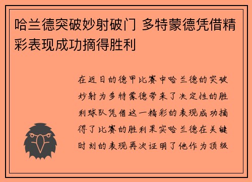哈兰德突破妙射破门 多特蒙德凭借精彩表现成功摘得胜利