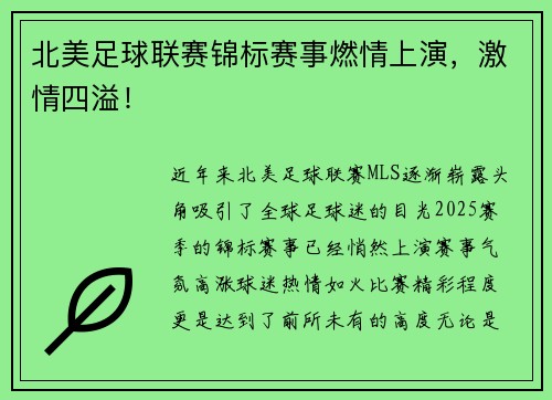 北美足球联赛锦标赛事燃情上演，激情四溢！