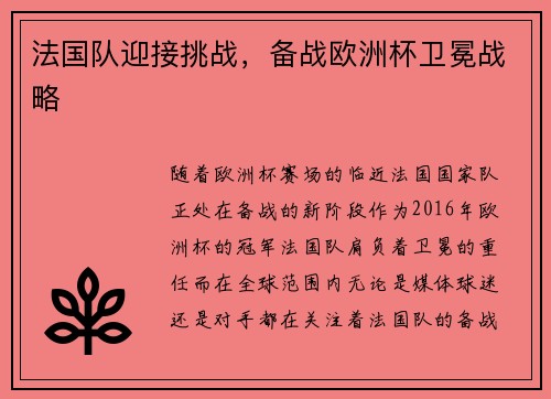 法国队迎接挑战，备战欧洲杯卫冕战略