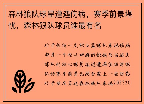 森林狼队球星遭遇伤病，赛季前景堪忧，森林狼队球员谁最有名