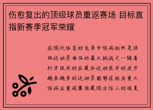伤愈复出的顶级球员重返赛场 目标直指新赛季冠军荣耀