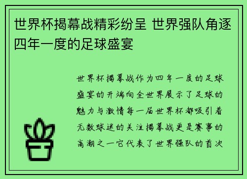 世界杯揭幕战精彩纷呈 世界强队角逐四年一度的足球盛宴