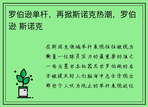 罗伯逊单杆，再掀斯诺克热潮，罗伯逊 斯诺克