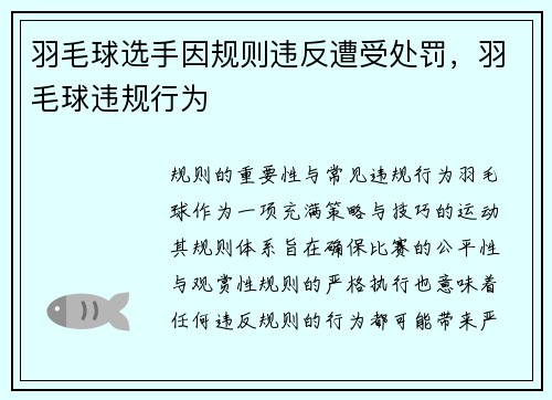 羽毛球选手因规则违反遭受处罚，羽毛球违规行为